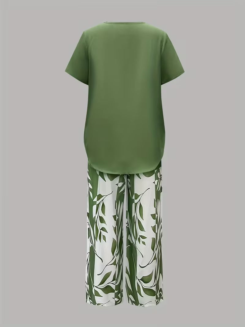 Women's Leaf Print Capri Pants Layered Top Set