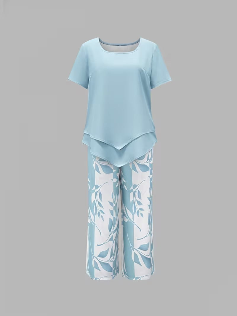 Women's Leaf Print Capri Pants Layered Top Set