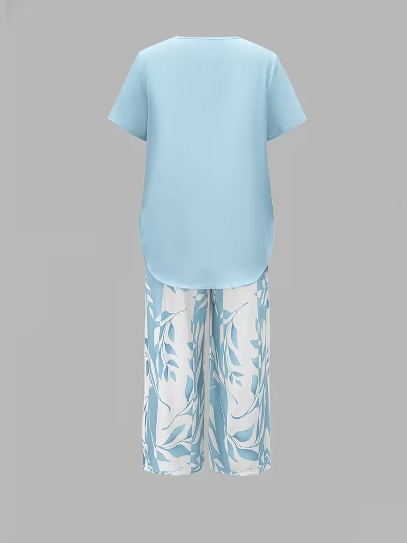 Women's Leaf Print Capri Pants Layered Top Set