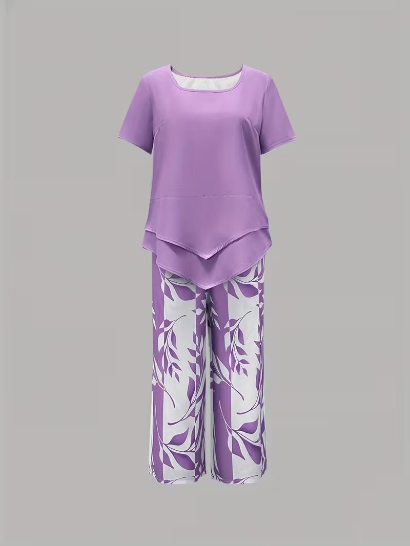 Women's Leaf Print Capri Pants Layered Top Set