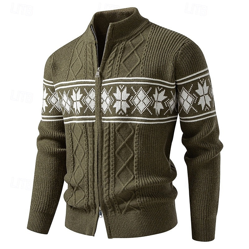 Men's Zip-Front Stand Collar Fair Isle Ribbed Cardigan