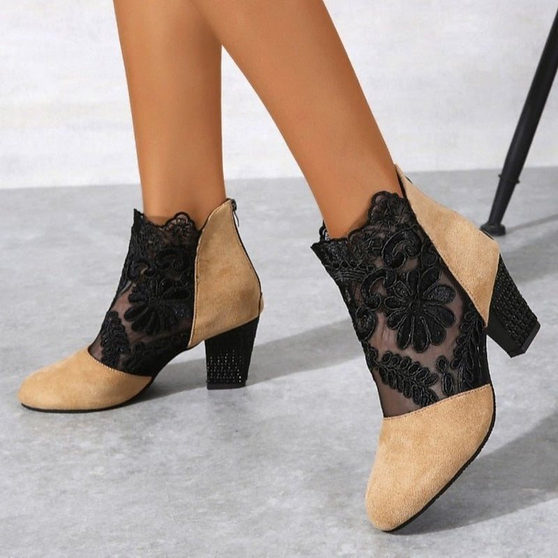 Women's Floral Lace Overlay Block Heel Booties