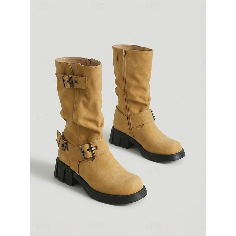 Women's Lug Sole Moto Boots with Chunky Block Heel