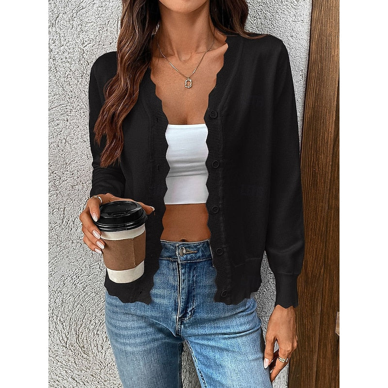 Women's Scalloped Trim V-Neckline Button-Up Knit Cardigan