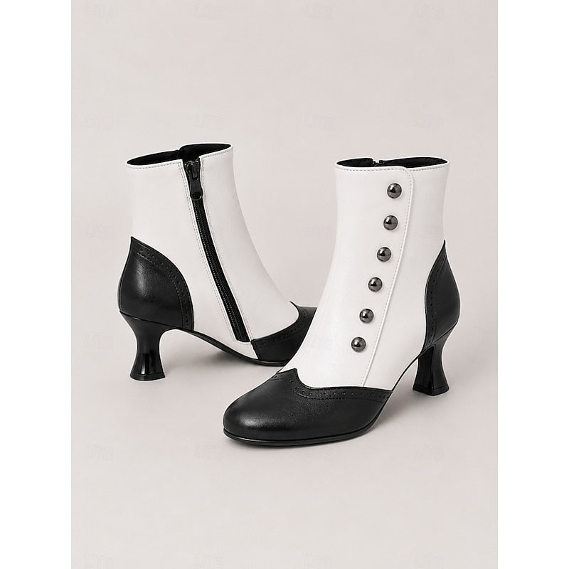 Women's Two-Tone Vintage Ankle Booties with Button Detail