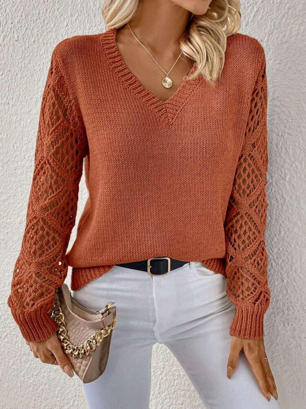 Women's Open Crochet Sleeve V-Neck Knit Pullover