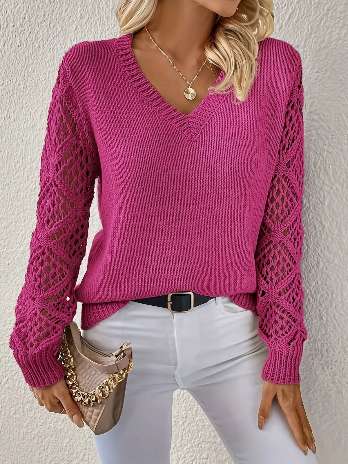 Women's Open Crochet Sleeve V-Neck Knit Pullover