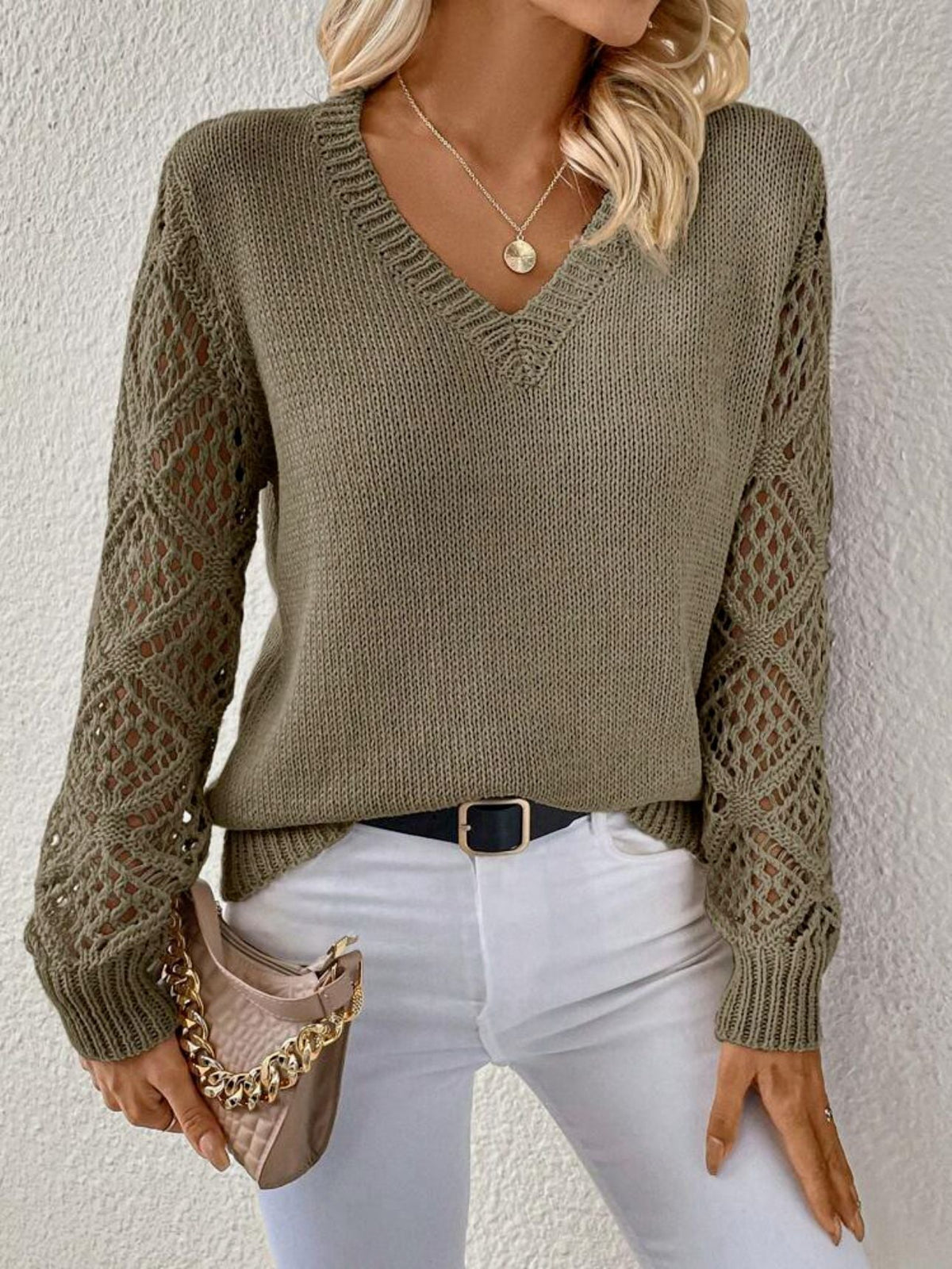 Women's Open Crochet Sleeve V-Neck Knit Pullover