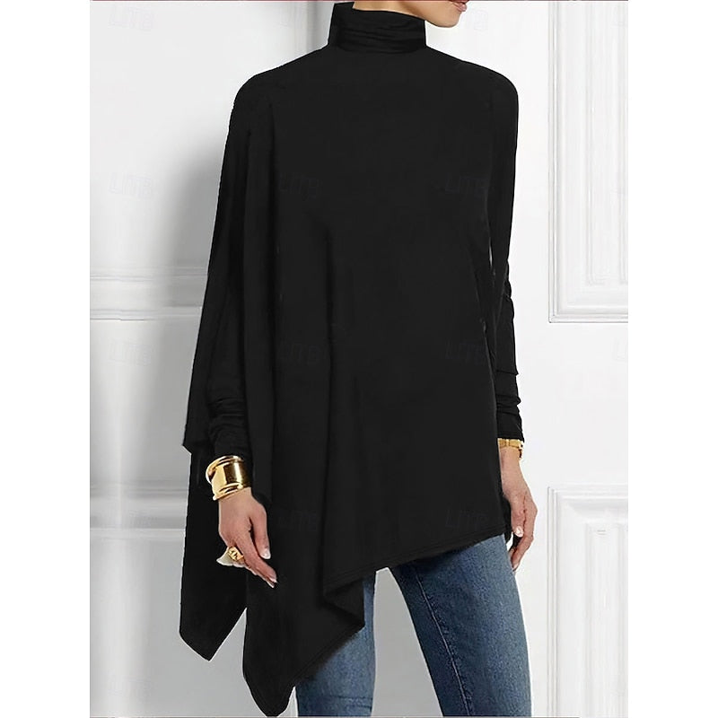 Women's Draped Longer Body Uneven Hem Turtleneck Pullover