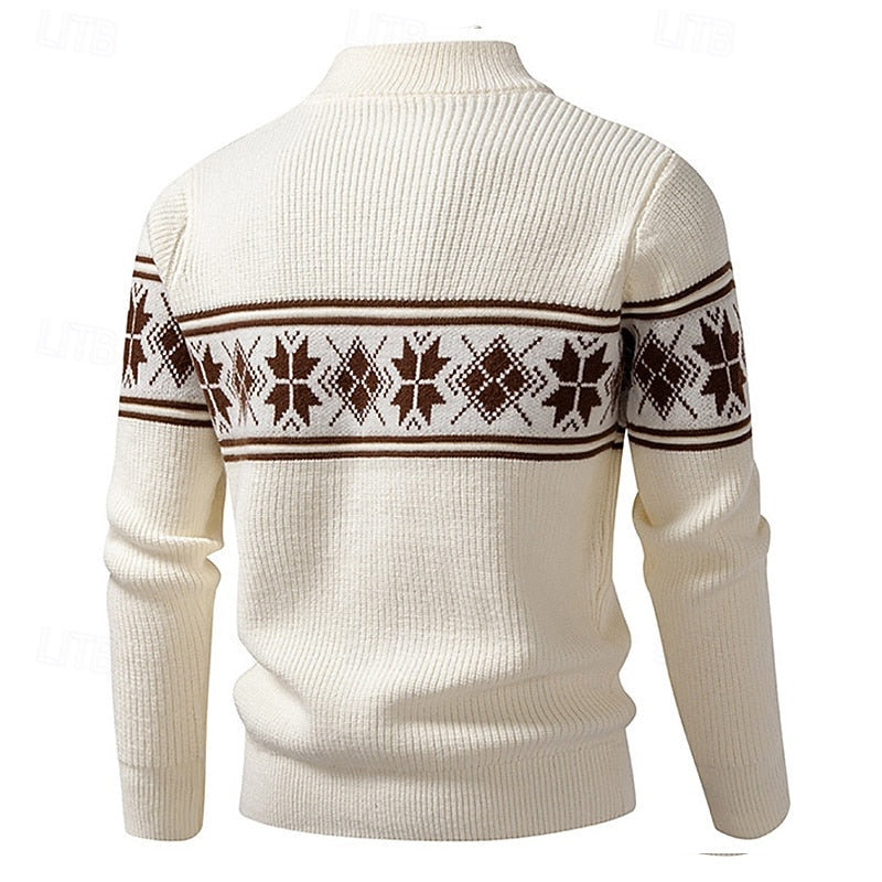 Men's Zip-Front Stand Collar Fair Isle Ribbed Cardigan