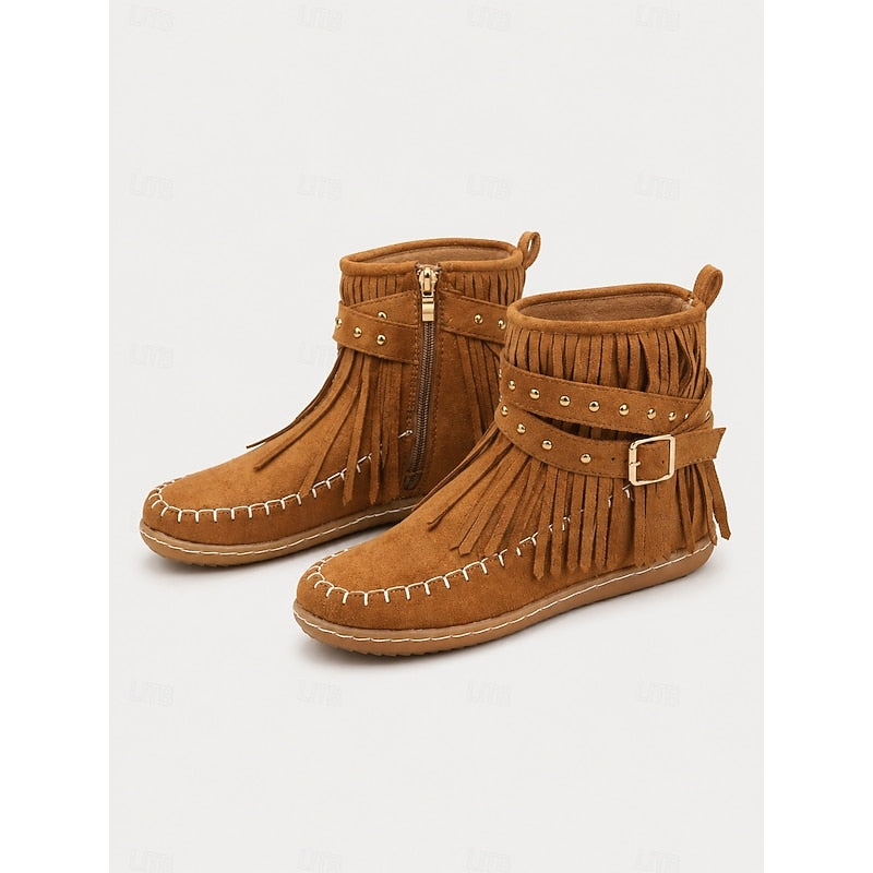 Women's Flat Sole Fringe Moccasin Booties