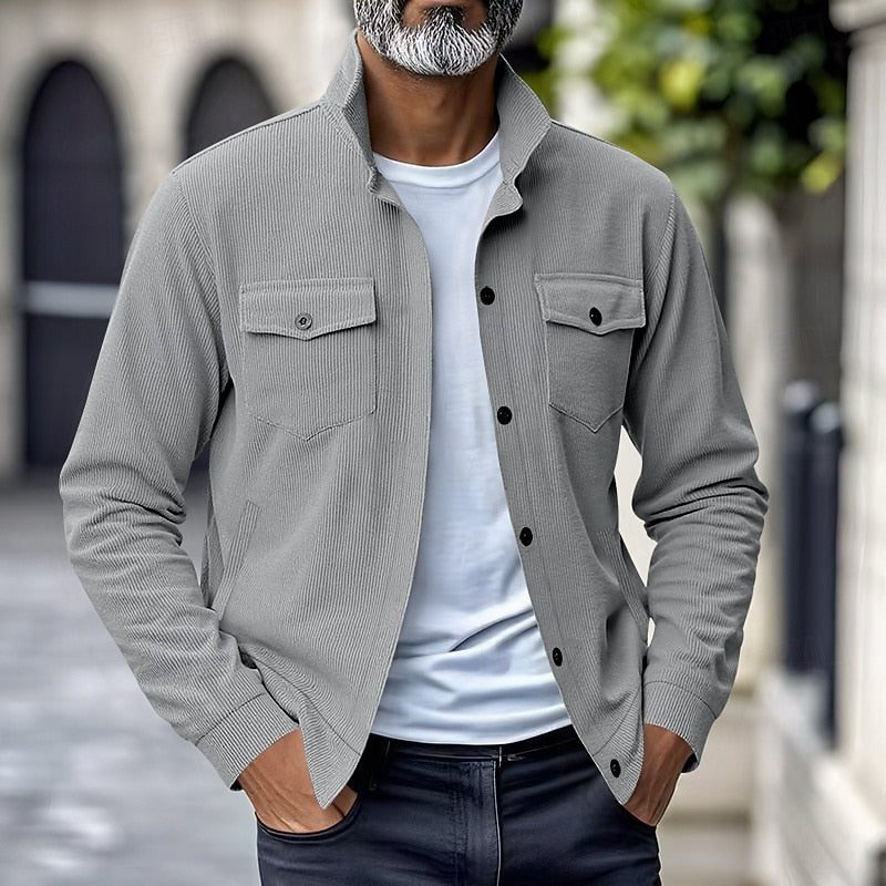 Men's Ribbed Overshirt Coat with Stand Collar