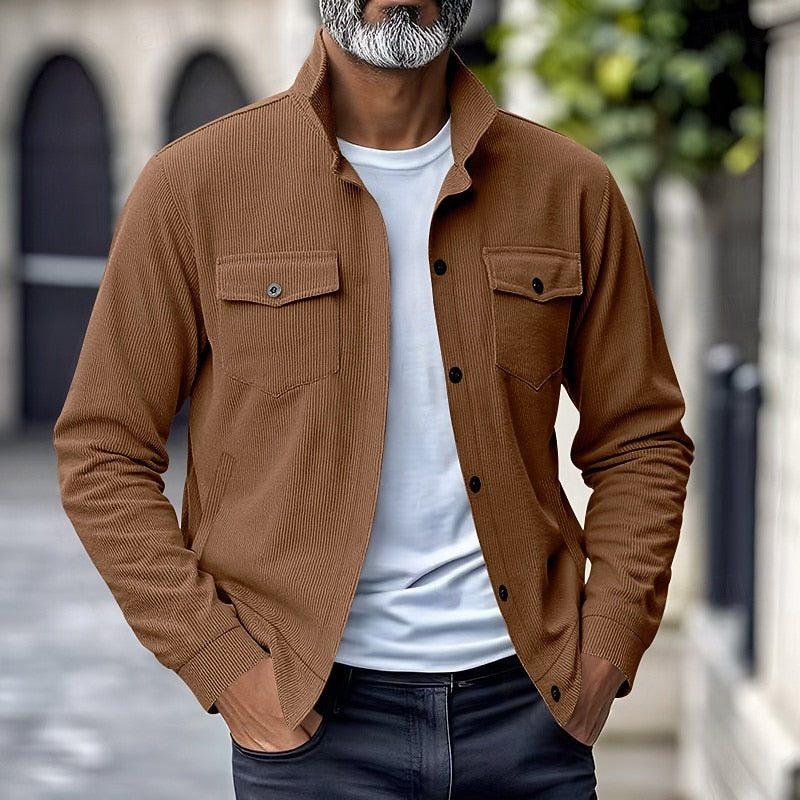 Men's Ribbed Overshirt Coat with Stand Collar