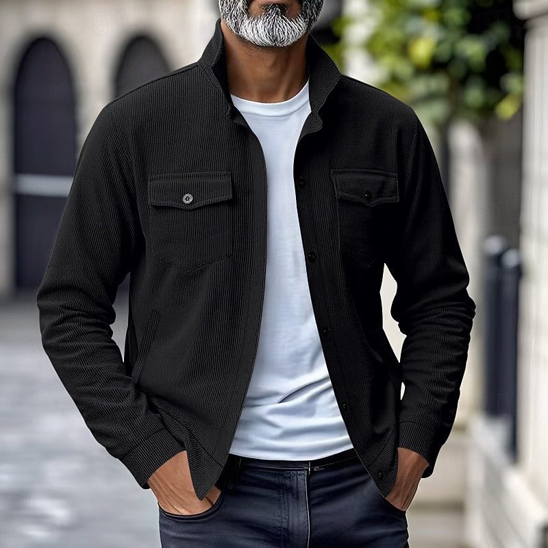 Men's Ribbed Overshirt Coat with Stand Collar
