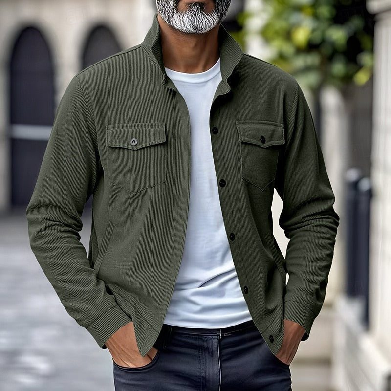 Men's Ribbed Overshirt Coat with Stand Collar