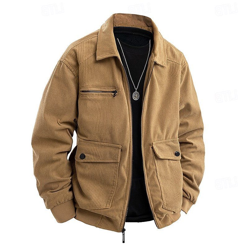 Men's Corduroy Zip Front Utility Coat with Flap Pockets