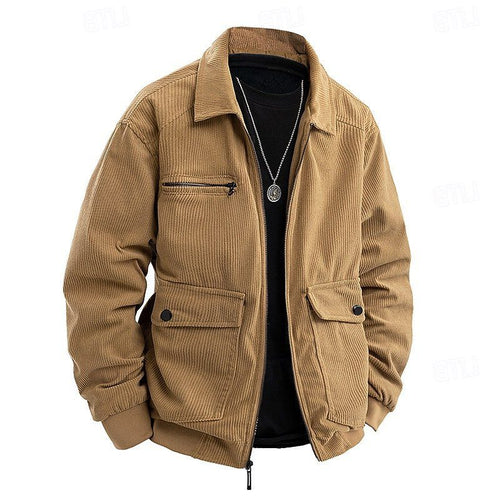 Men's Corduroy Zip Front Utility Coat with Flap Pockets