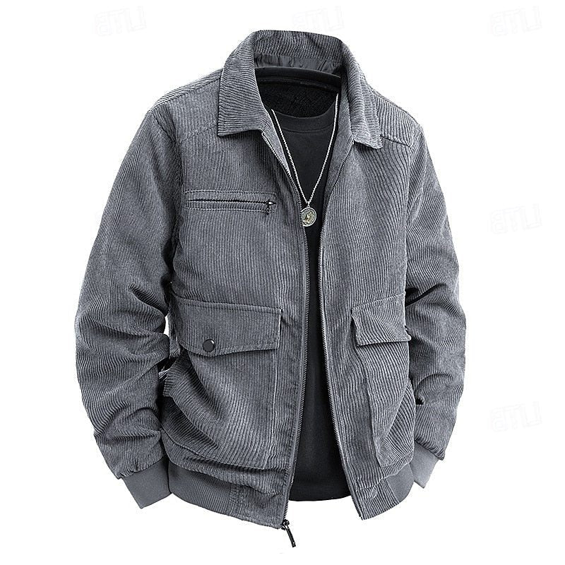 Men's Corduroy Zip Front Utility Coat with Flap Pockets