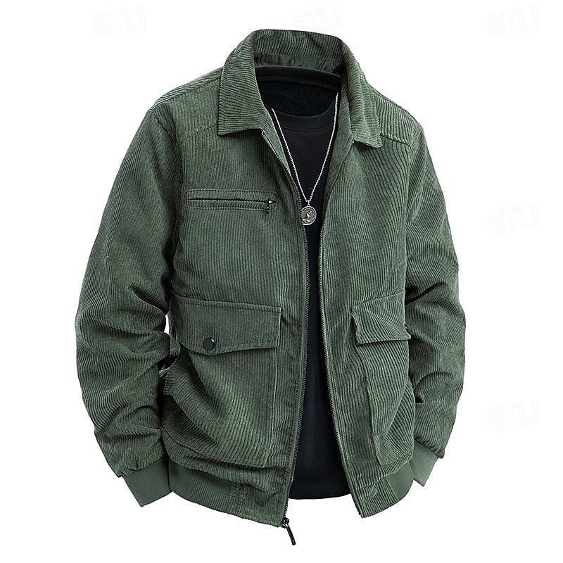Men's Corduroy Zip Front Utility Coat with Flap Pockets