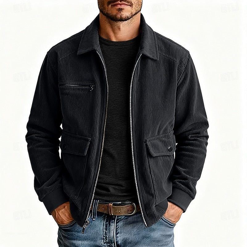 Men's Corduroy Zip Front Utility Coat with Flap Pockets