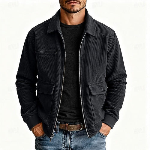 Men's Corduroy Zip Front Utility Coat with Flap Pockets