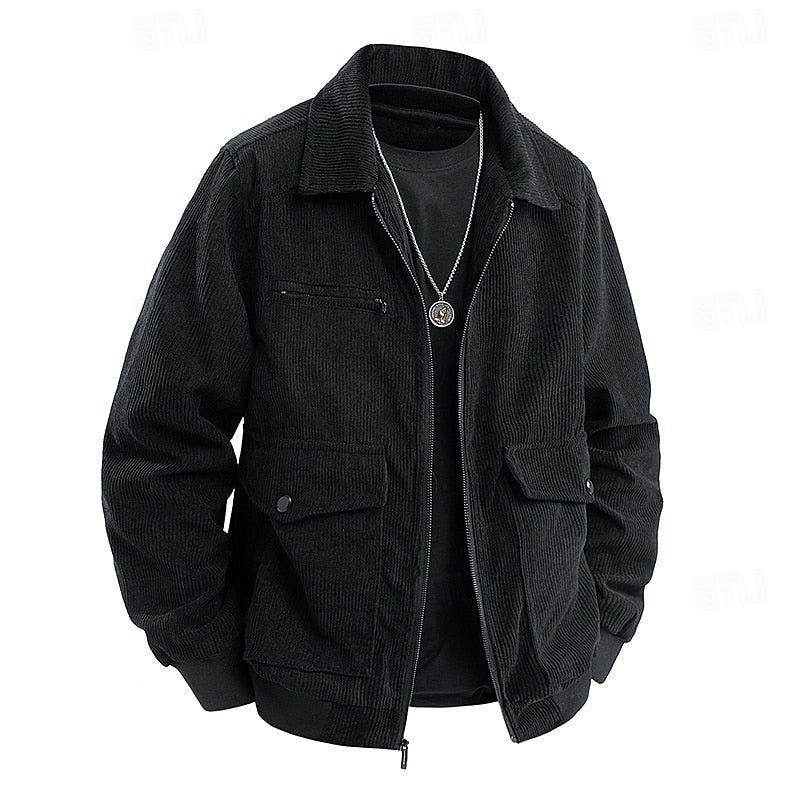 Men's Corduroy Zip Front Utility Coat with Flap Pockets