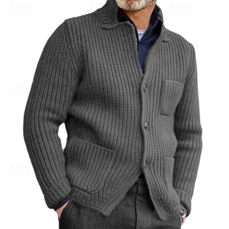 Men's Stand Collar Ribbed Front-Button Pocket Knit Cardigan