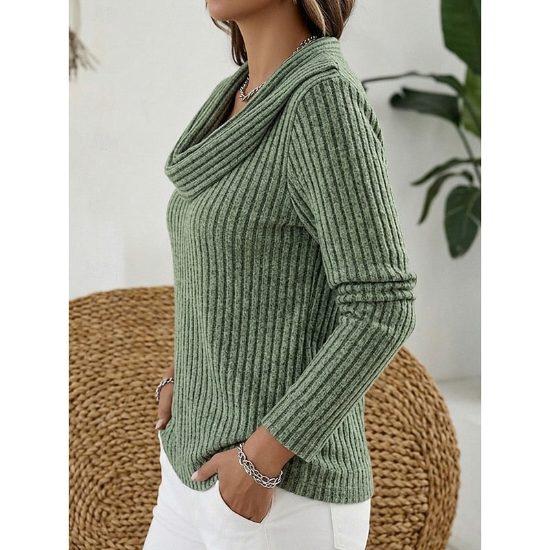 Women's Draped Cowl Neckline Soft Ribbed Pullover