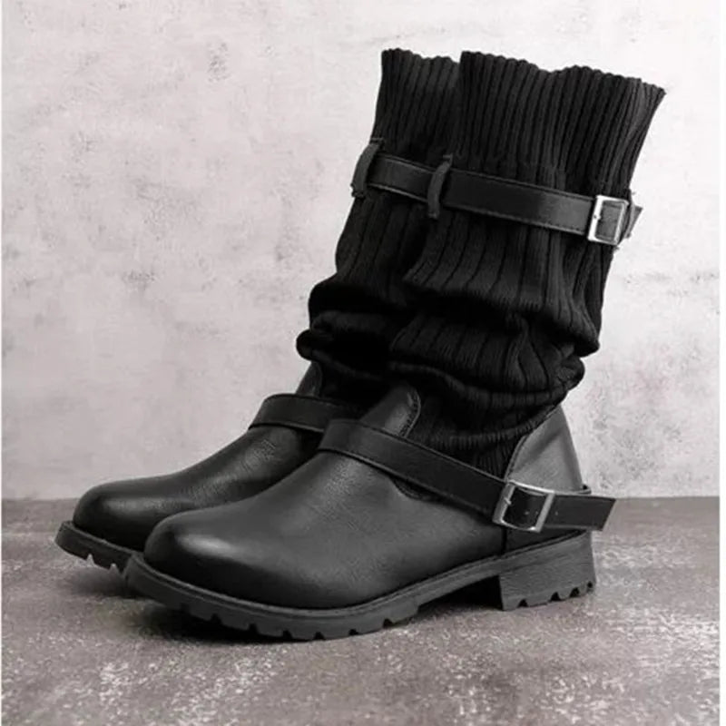 Women's Knit Shaft Winter Boots with Buckle Straps