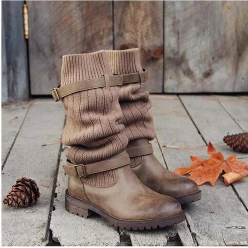 Women's Knit Shaft Winter Boots with Buckle Straps