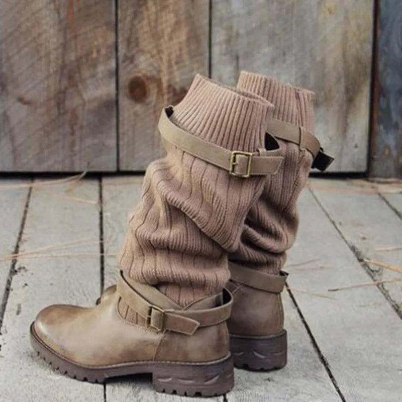 Women's Knit Shaft Winter Boots with Buckle Straps
