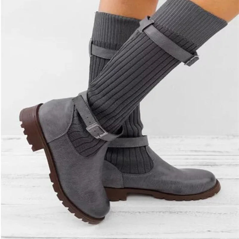 Women's Knit Shaft Winter Boots with Buckle Straps