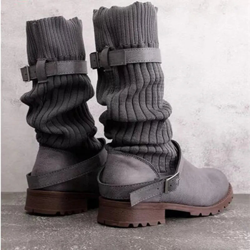 Women's Knit Shaft Winter Boots with Buckle Straps