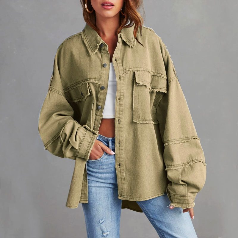 Women's Frayed Denim Shirt Jacket in Oversized Fit