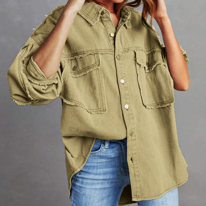 Women's Frayed Denim Shirt Jacket in Oversized Fit
