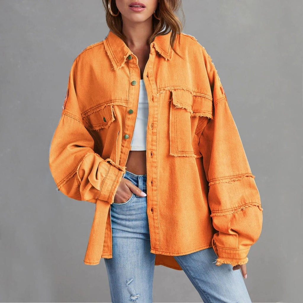 Women's Frayed Denim Shirt Jacket in Oversized Fit