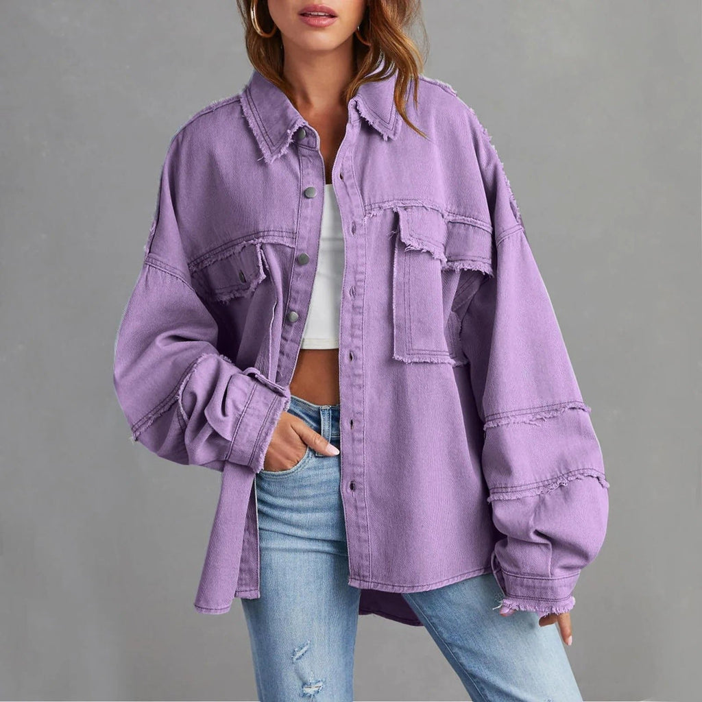 Women's Frayed Denim Shirt Jacket in Oversized Fit