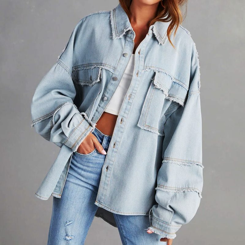 Women's Frayed Denim Shirt Jacket in Oversized Fit