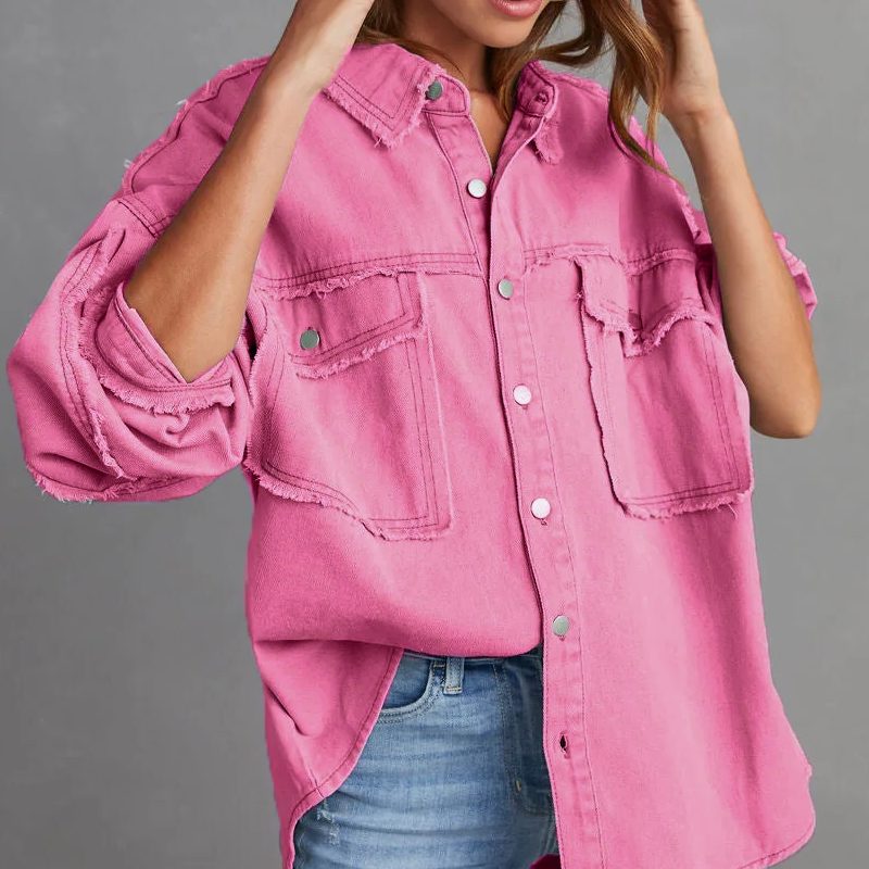 Women's Frayed Denim Shirt Jacket in Oversized Fit