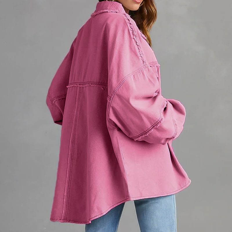 Women's Frayed Denim Shirt Jacket in Oversized Fit