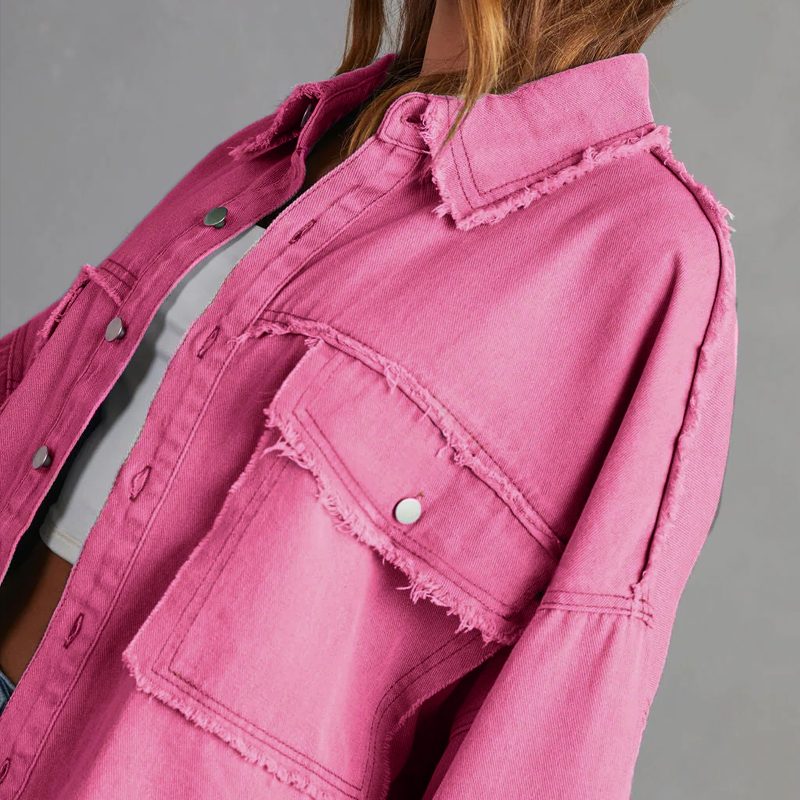 Women's Frayed Denim Shirt Jacket in Oversized Fit