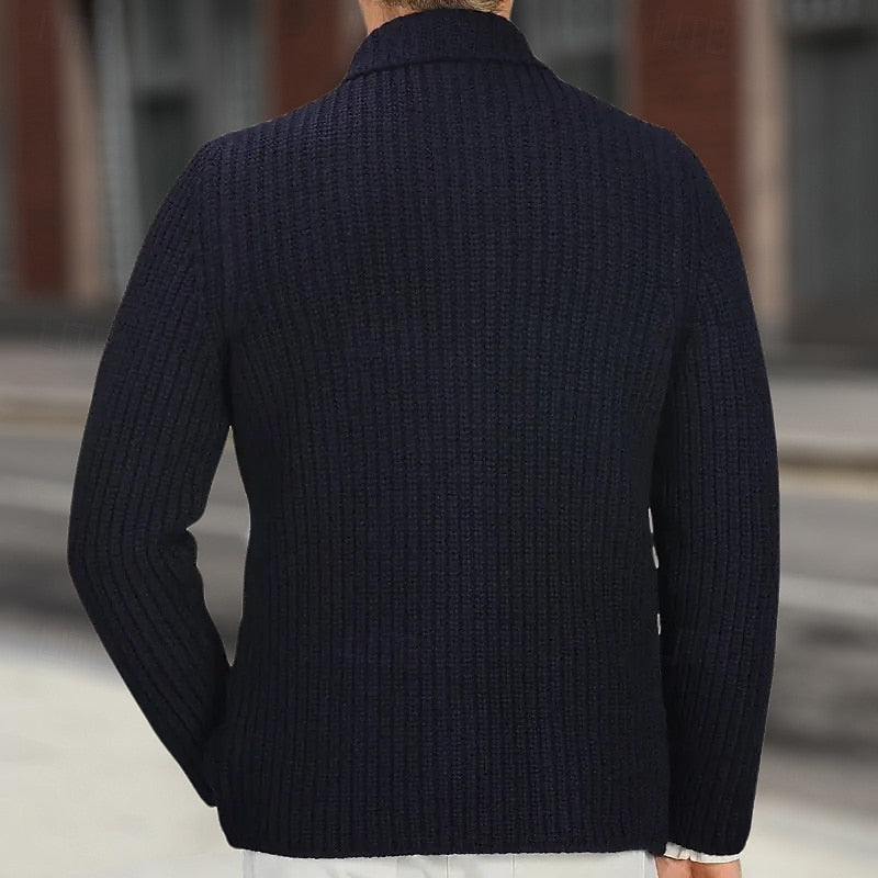 Men's Stand Collar Ribbed Front-Button Pocket Knit Cardigan