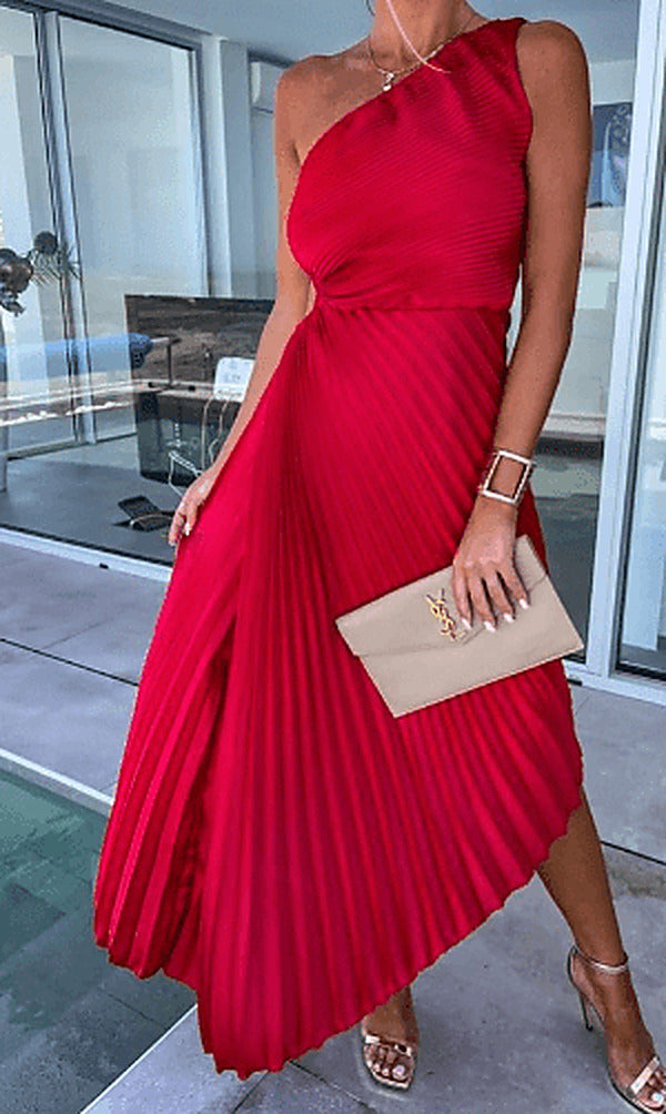 Women's One-Shoulder Accordion Pleated Wedding Guest Maxi Dress