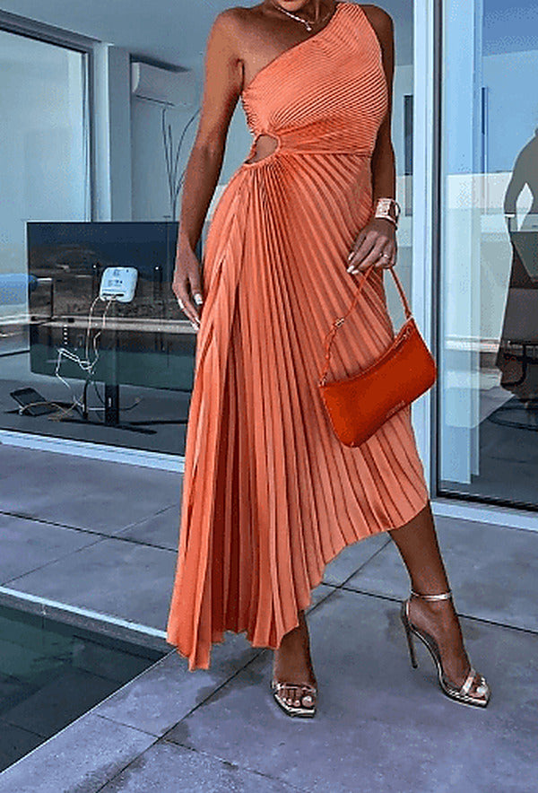 Women's One-Shoulder Accordion Pleated Wedding Guest Maxi Dress