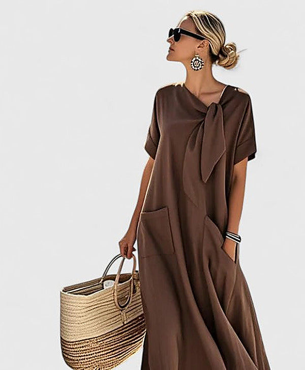 Women's Flowing Loose Fit Tie-Neck Summer Midi Dress