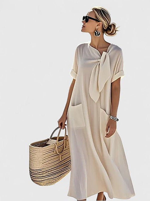 Women's Flowing Loose Fit Tie-Neck Summer Midi Dress
