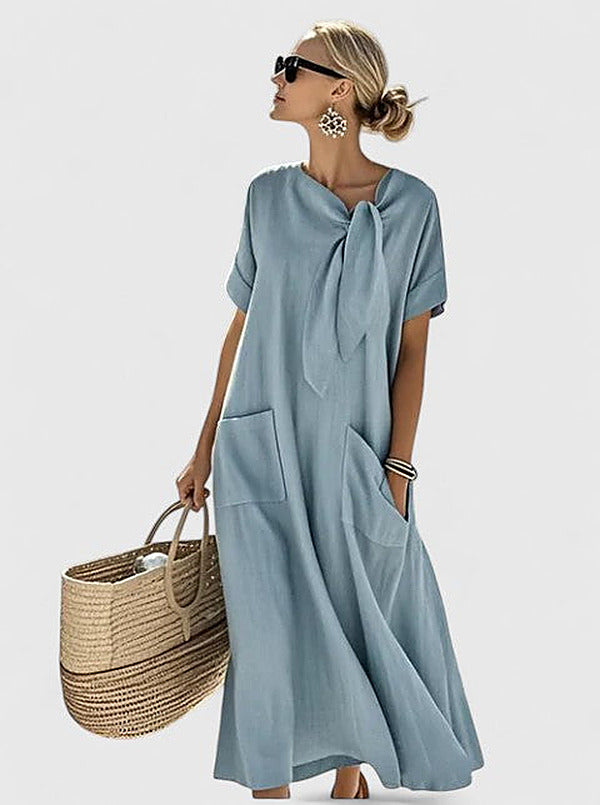 Women's Flowing Loose Fit Tie-Neck Summer Midi Dress