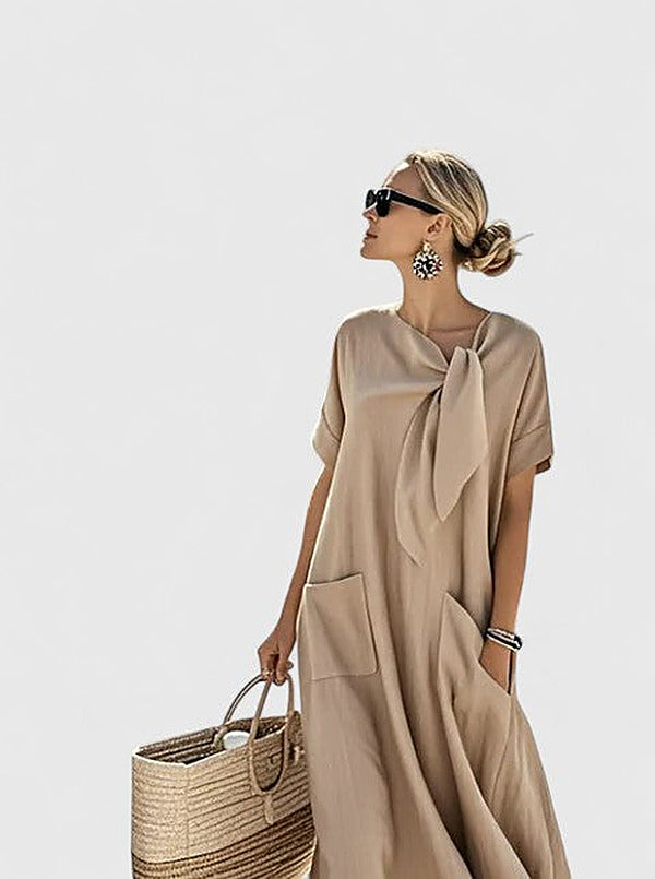 Women's Flowing Loose Fit Tie-Neck Summer Midi Dress