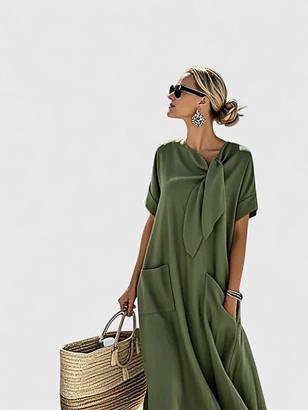 Women's Flowing Loose Fit Tie-Neck Summer Midi Dress