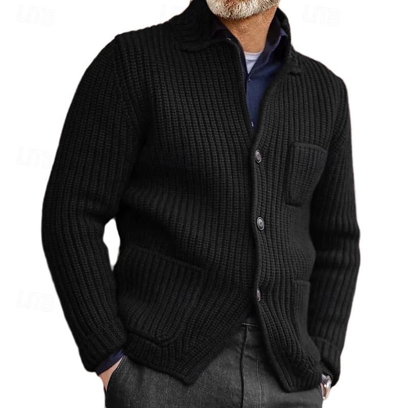 Men's Stand Collar Ribbed Front-Button Pocket Knit Cardigan